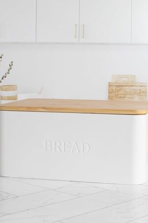 ZICOTO Beautiful Bread Box With Wooden Lid For Your Kitchen Countertop - Spacious Container Perfectly Stores Your Homemade Bread, English Muffins & Bagels - Quality Cutting Board Lid Keeps Loaf Fresh