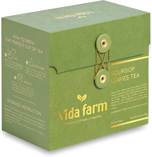 VIDA FARM 50 Premium Soursop Tea Bags, 100% Natural Pure Leaves | Caffeine Free | Pleasant Taste | Natural Flavor | Dried Graviola Leaves | Guyabano Tea | Hojas de Guanabana Para te