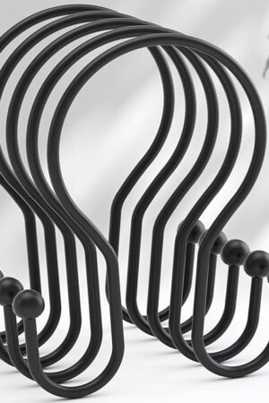 AmazerBath Shower Curtain Hooks Black Shower Curtain Rings, Simple Double Hook Shower Curtain Hooks Rust Proof, Smooth Sturdy Metal Shower Hooks for Shower Curtain Rod, 12 Pcs Shower Rod Hooks