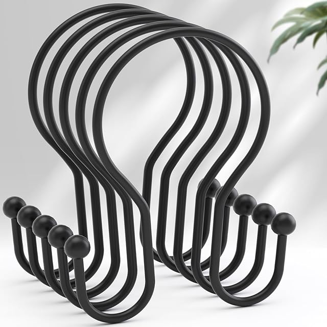 AmazerBath Shower Curtain Hooks Black Shower Curtain Rings, Simple Double Hook Shower Curtain Hooks Rust Proof, Smooth Sturdy Metal Shower Hooks for Shower Curtain Rod, 12 Pcs Shower Rod Hooks
