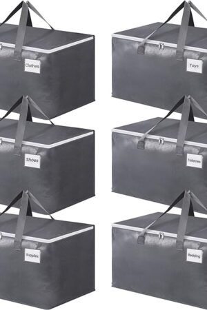 BlissTotes Large Moving Bags, Storage Bags with Zippers, Handles Moving Supplies with lids, Heavy Duty Totes for Storage Bags for Space Saving, Moving and Storing 93L, 6 Pack