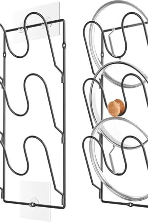 2 Pack Pot Lid Organizer Rack for Cabinet Door/Wall, 6-Tier Pot Lid Holders inside Cabinet Door, No Drilling Adhesive Wall/Door Mounted Rustproof Pots and Pans Lid Organizers for Kitchen Storage Black