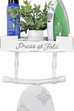 AuldHome Design Farmhouse Enamelware Ironing Board Caddy (White); Wall-Mounted Rustic Ironing Board Holder w/Storage Shelf