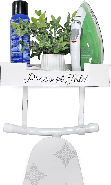 AuldHome Design Farmhouse Enamelware Ironing Board Caddy (White); Wall-Mounted Rustic Ironing Board Holder w/Storage Shelf