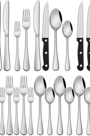 24-Piece Silverware Set with Steak Knives,Flatware Set Service for 4 Person, Food-Grade Stainless Steel Cutlery Set,Includes Knife Spoon And Fork, Mirror Finished Utensil Sets for Home Restaurant