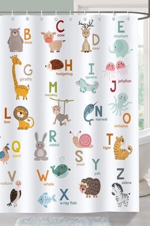 Bonhause Kids ABC Shower Curtain, Cute Alphabet Animal Educational Bathroom Decor for Toddler Boys Girls 72 x 72 Inch Polyester Fabric Waterproof Bath Curtain with 12 Hooks