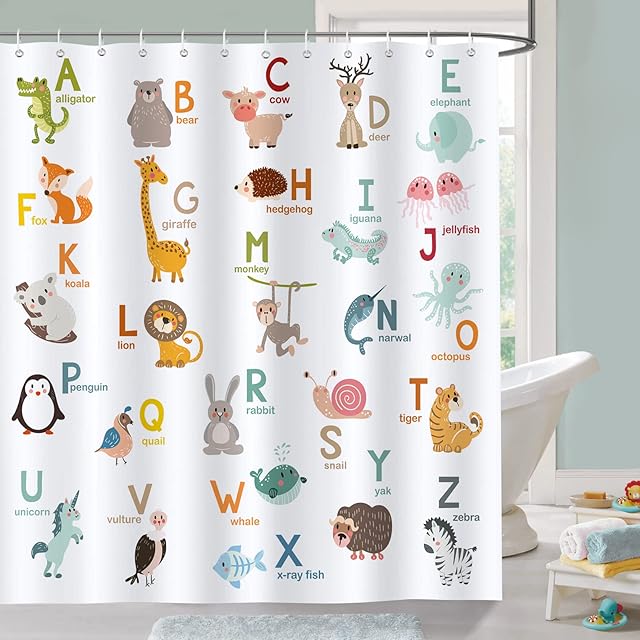 Bonhause Kids ABC Shower Curtain, Cute Alphabet Animal Educational Bathroom Decor for Toddler Boys Girls 72 x 72 Inch Polyester Fabric Waterproof Bath Curtain with 12 Hooks