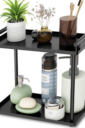 2 Tier Bathroom Organizer Countertop, Bathroom Counter Organizer, Small Vanity Shelf Skin Care Countertop Organizers and Storage Makeup for Dresser, (Black)
