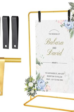 Wedding Welcome Sign Holder, 68?x31?x 20? Welcome to Our Wedding Sign Adjustable Display Stand with 4 Leather Sign Hanging Straps,Gold Easel Stand Personalized for Baby Bridal Shower Sign