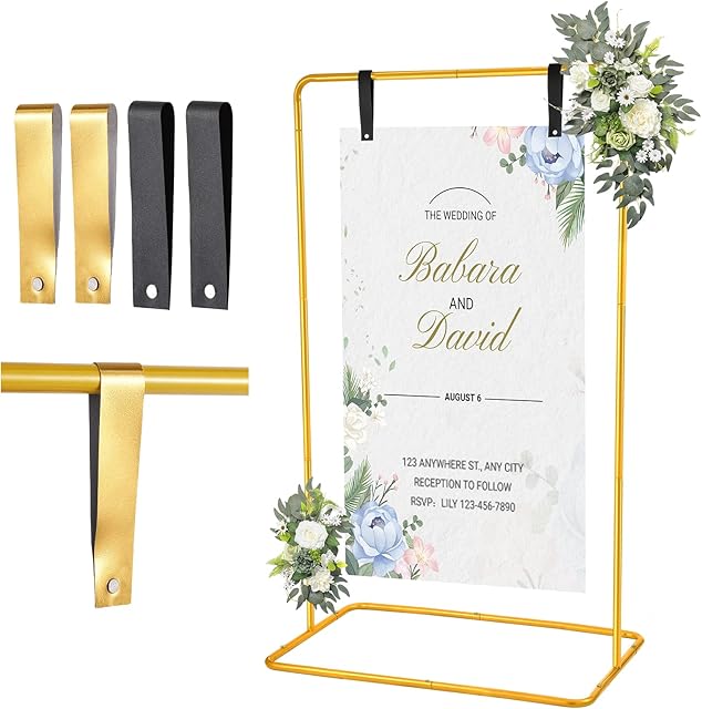 Wedding Welcome Sign Holder, 68?x31?x 20? Welcome to Our Wedding Sign Adjustable Display Stand with 4 Leather Sign Hanging Straps,Gold Easel Stand Personalized for Baby Bridal Shower Sign