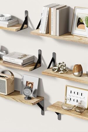 AMADA HOMEFURNISHING Wall Shelves Set of 6, Rustic Farmhouse Style, Wood Floating Shelves for Wall Decor, Bathroom & Bedroom Storage, Living Room Book Shelves, 6pcs