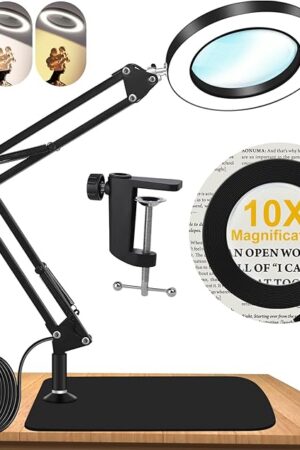 10X Magnifying Glass with Light and Stand, Dimmer Adjustable Swing Arm 2-in-1 Desk Lamp and Clamp, LED Lighted Desk Magnifier with Light for Craft Reading Repair Painting Close Work