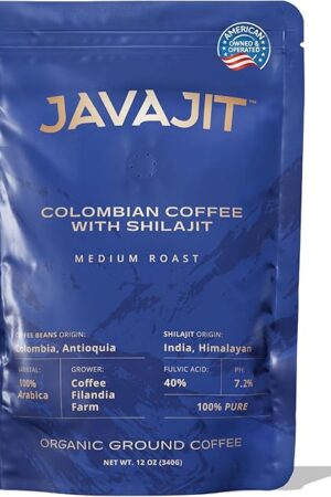 Colombian Coffee with Shilajit – Medium Roast Organic Ground Coffee, Energy & Immunity Boost, 250mg Himalayan Shilajit per Serving, 16 Servings