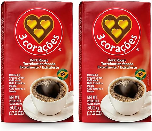 3 Coracoes ExtraForte Brazilian Ground Coffee - 17.6 ounce - Vacuum Sealed Pack of 2 - Fine Ground Coffee Dark Roast - Naturally Processed for Unique Flavor, Aroma, and Full Body Texture