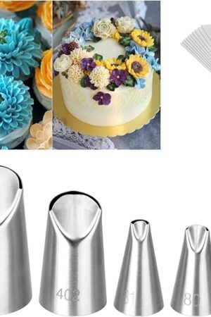 5Pcs Chrysanthemum Piping Tips Set,Stainless Steel Chrysanthemum Crinkle Cream Laminating Nozzles with 10Pcs Disposable Piping Bags,Icing Piping Nozzles For Cake Decorating