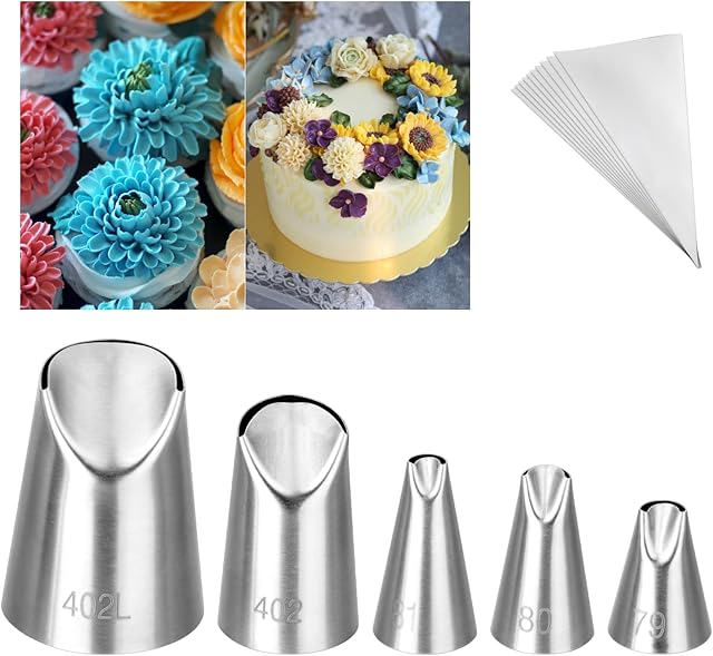 5Pcs Chrysanthemum Piping Tips Set,Stainless Steel Chrysanthemum Crinkle Cream Laminating Nozzles with 10Pcs Disposable Piping Bags,Icing Piping Nozzles For Cake Decorating