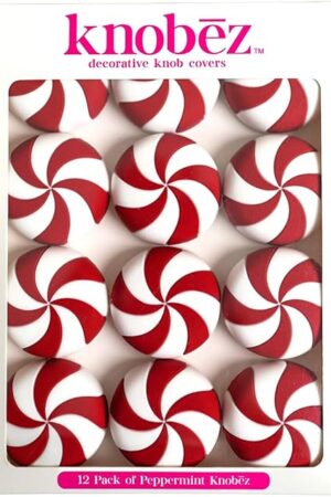 Decorative Knob Covers - Red Peppermint - 12pk - Stretch Over Hardware Decorations, Holiday-Winter-Christmas, Kitchen-Bathroom-Dressers-Home
