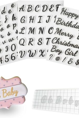 4PCS Alphabet Cake Stamps Tool for Fondant Cookie Biscuit, Pretty Handwriting Food Grade Fondant Letter Stamp Uppercase Lowercase Numbers Words Reusable Cookie Stamp for Christmas Party