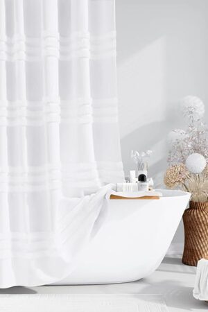 Dynamene White Fabric Shower Curtain, Tufted Chenille Striped Textured Cloth Shower Curtain for Bathroom, Modern Farmhouse Shabby Chic Waterproof Shower Curtain Set with Hook, Machine Washable, 72x72