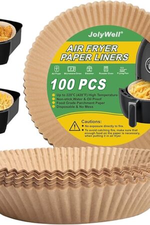 Air Fryer Paper Liner, Unbleached & Biodegradable Material, Disposable Non-stick Parchment Paper for Frying, Baking, Roasting & Grilling (100Pcs-6.3")