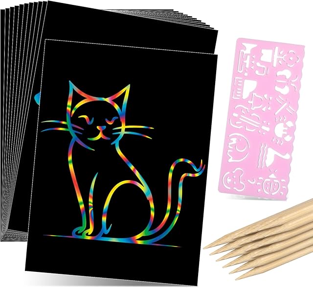 The Sabary 100 Pcs Scratch Black Rainbow Art Paper with 10 Bamboo Stylus, 7 x 5 Inch Rainbow Black Scratch Off Paper Gifts for Christmas Craft DIY Party Favor Supplies