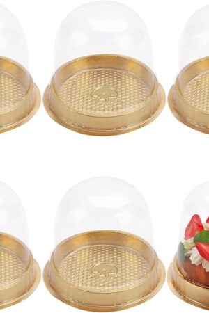 50 Sets Cake Box - Internal Size Diameter 4-3/8 Inch X Height 4-1/8 Inch Clear Plastic Dome Carrier - Single Cake Container Carry Reinforcement Stickers (Gold)