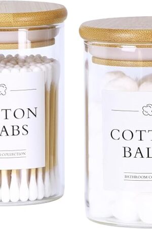 2 Pack Qtip Holder Dispenser - Glass Apothecary Jars with Lids, Cotton Ball Pad Swab Round Holder, Bamboo Bathroom Accessories, Bathroom Organizers Containers Jars Canisters with Lids