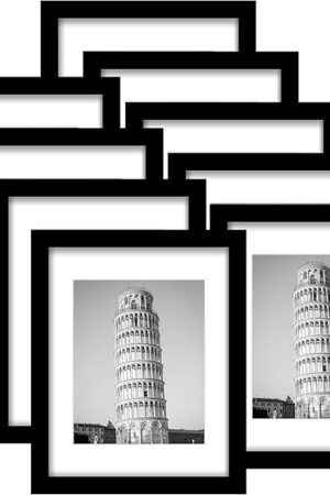 Wiscet 11x14 Picture Frame Set of 9, Display Pictures 8x10 with Mat or 11x14 Without Mat, Photo Frame for Wall Mounting or Tabletop Display, Black.