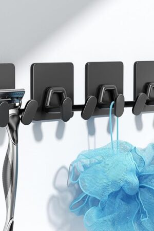 Adhesive Shower Hooks for Inside - Extra Sticky Stainless, Razor Holder Shower Accessories, Wall Mounted Self-Adhesive Double Hooks for Razor, Loofah, Towel, Shaver, Coat, Key, Matt Black, 4-Pack