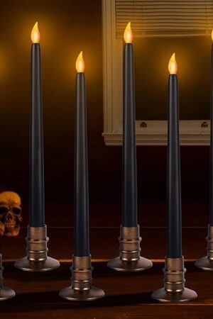 Alphatool 6 Packs Halloween Black LED Flameless Candles with Bases - Flicker Flame, Tall Taper Smokeless Dripless Candles, Decor for Fireplace Diningtable Bar School