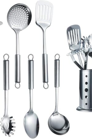 Berglander Cooking Utensil Set 8 Piece, Stainless Steel Kitchen Tool Set with Stand,Cooking Utensils, Slotted Tuner, Ladle, Skimmer, Serving Spoon, Pasta Server,Potato Maseher, Egg Whisk. （8 Pieces）