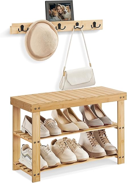 SONGMICS Coat Rack Shoe Bench Set, 3-Tier Bamboo Shoe Rack Bench, Multifunctional, 5 Double Metal Hooks, for Entryway, Hallway, Bedroom, Light Bamboo ULCR004N01V1