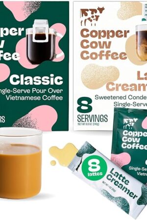 Copper Cow Coffee Pour Over Vietnamese Ground Coffee Pouches + Sweetened Condensed Milk Creamers (8 Coffees & 8 Milk Creamers) | Classic Black Lattes, No Refrigeration Needed