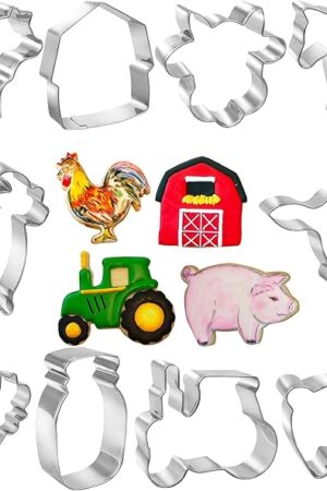 10 PCS Farm Cookie Cutter Set with Recipe Booklet Rooster Cow Pig Lamb Horse Barn and Tractor Cow Face Milk Bottle Bull head