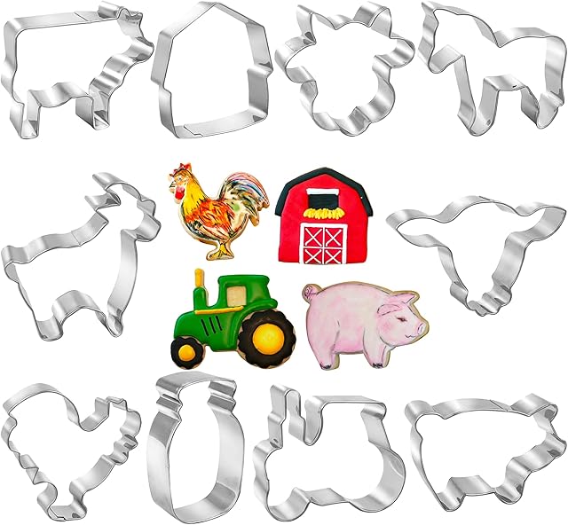 10 PCS Farm Cookie Cutter Set with Recipe Booklet Rooster Cow Pig Lamb Horse Barn and Tractor Cow Face Milk Bottle Bull head