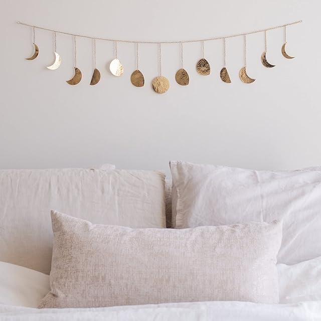 BASE ROOTS Moon Phase, Gold Wall Decor for Bedroom & Living Room, Bohemian Wall Decor, Handmade Hammered Metal 36" 13 Phases Moon, Celestial Wall Art, Gift for Women & Kids