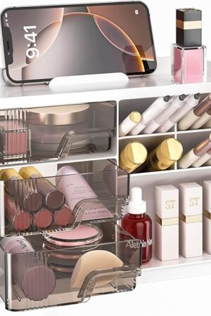 Delamu Makeup Organizer with Drawers, Multi-Function Vanity Organizer Countertop, Stackable Desk Organizer for Makeup Brush Lipstick Skincare Bathroom Vanity Organization and Storage, White