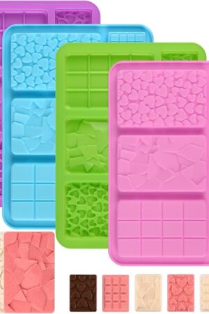 WMKGG 4 PCS Chocolate Bar Mold Set, Break Apart Chocolate Bar Mold, Homemade Energy and Protein Bar Mold, Silicone Chocolate Mold(9-Cavity)