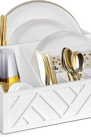 Wood Paper Plate Dispenser Holder Silverware Utensil Caddy Cutlery Flatware Organizer Box for Kitchen Counter White