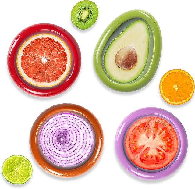 Avocado Saver and Tomato Holder - Set of 4 Preventing Food Flavor Skewering Reusable Storage Containers for Fridge -Ideal for Garlic, Onions, Lemons, and Potatoes