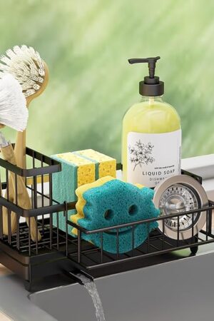 Consuemst Sponge Holder for Kitchen Sink - Auto Draining Sink Caddy Organizer with Detachable Rack, High Brush Holder, Kitchen Countertop Storage Accessories, Black