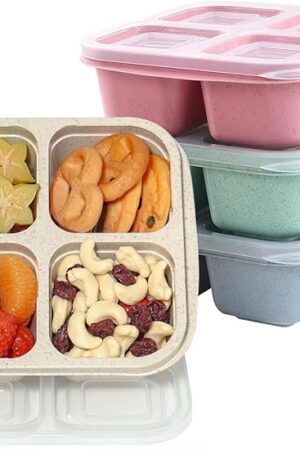 4 Pack Snack Containers, Divided Bento Snack Box, 4 Compartments Reusable Meal Prep Lunch Containers for Kids Adults, Food Storage Containers for School Work Travel