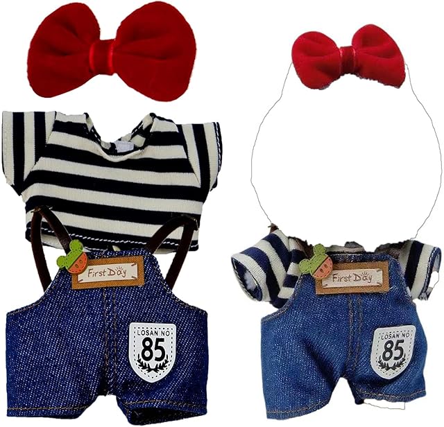The for Labubu Clothes/for Labubu Outfits,Clothes Set for 15/17cm Dolls Clothes Set-3 Piece Stipe T-Shirt with Red Bow& Denim Overalls,Cute Dolls Cloth Accessories (NO Doll)