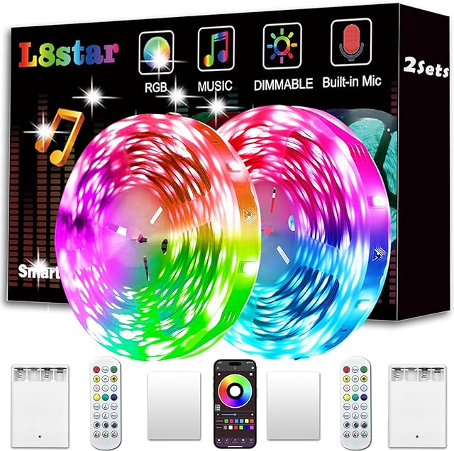 Battery Powered Led Strip Lights, 2x16.4Ft (32.8Ft),Two Sets of Strip Light with 4 AA Battery Box/USB RGB LED Lights, Remote and APP Control