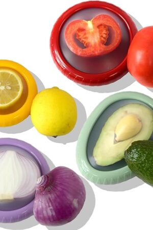4 Pcs Reusable Avocado Onion Lemon Tomatoes Saver Keeper, Silicone Fruit and Vegetable Anti-Oxidation Storage Box Refrigerator, Fruit Veggie Holder Containers for Fridge (Cyan, Purple, Red And Yellow)