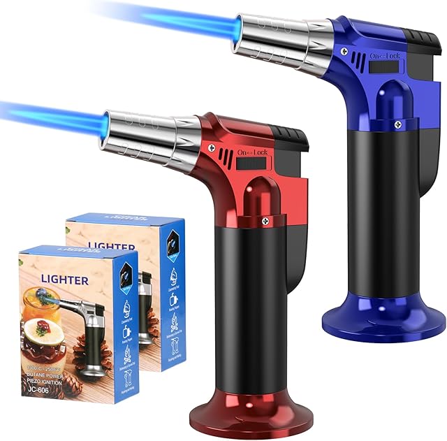 2 Pack Torch, Butane Torch Refillable, KitchenTorch for Cooking with Safety Lock & Adjustable Flame for BBQ, Creme Brulee, Baking, Crafts(Butane Gas not Included) (Red/Blue)