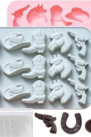 Cowboy Chocolate Molds with Candy Bags, 2 PCS Western Cowboy Silicone Molds for Chocolate Candy Soap Gummy Boot Hat Horse Cowboy Theme Party Cake Decoration