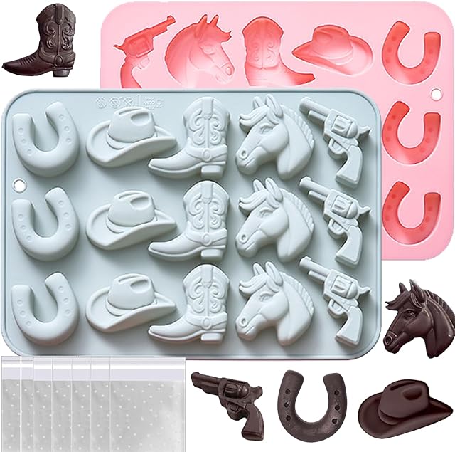 Cowboy Chocolate Molds with Candy Bags, 2 PCS Western Cowboy Silicone Molds for Chocolate Candy Soap Gummy Boot Hat Horse Cowboy Theme Party Cake Decoration