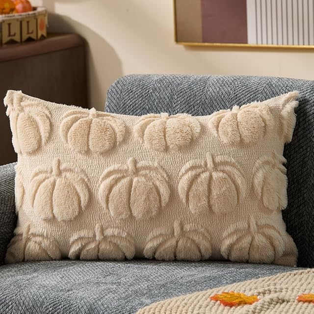 DFXSZ Fall Pillow Covers 12x20 Fall Decorations Autumn Beige Big Pumpkins Decor Soft Plush Faux Fur Wool Couch Cushion Case for Chair Sofa Living Room Home Decor YZT100A