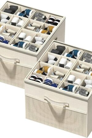 Aokeyee Shoe Organizer for Closet, 2 Pack Foldable Shoe Storage Organizer Box Bin with Adjustable Dividers and Clear Cover, Fits up to 16-32 Pairs (Beige)